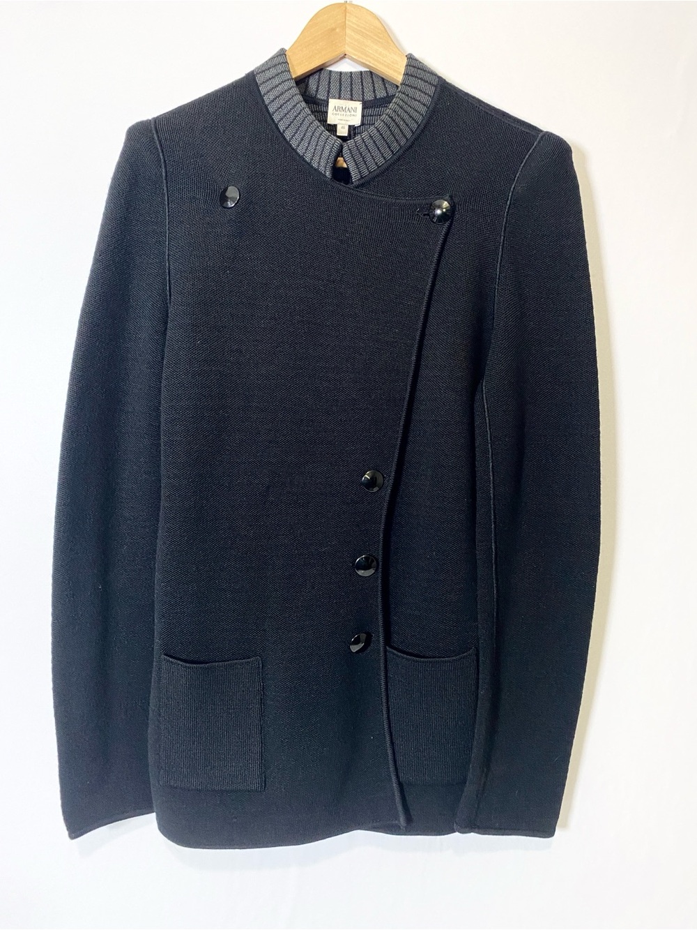 Armani Collezioni Black Knit Blazer Cardigan Mock Neck Button Front Italy EU46